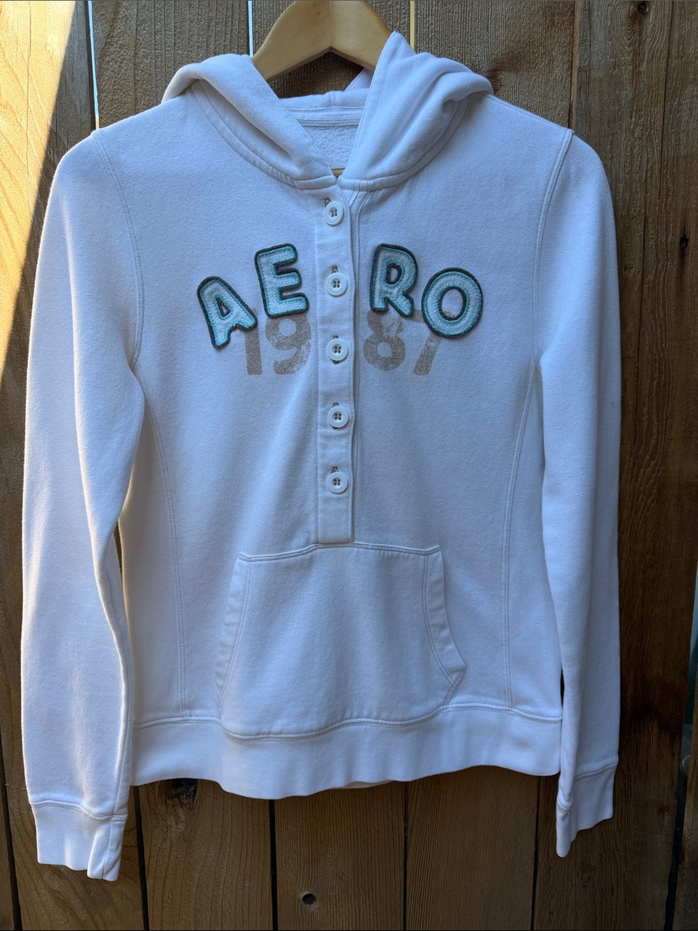 Vintage Y2K Aeropostale White Henley Hoodie Teal Lettering Size Large